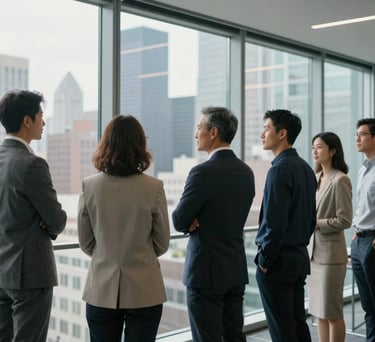 A group of professionals in business casual attire standing together in a modern, glass-walled office, looking out at a city skyline, North American setting.