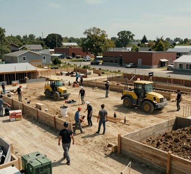 A wide shot of a community-focused construction project in a North American urban area, daytime, bright natural light, showing progress and collaboration.