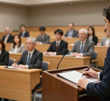 A crisp photograph of a professional lecture hall in a North American / US university setting, focused on the podium with a background of attentive, professionally dressed attendees.