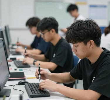 A high-tech vocational classroom in a North American trade school, students working with precision tools and digital interfaces, clean and professional.