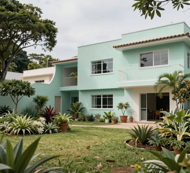 A wide shot of a peaceful community garden area outside a Brazilian association building. The architecture is modern and integrated with nature, using light mint tones.