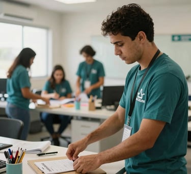 A blurred background of the interior office in Minas Gerais where volunteers organize activities, light and airy Brazilian workspace with teal accents.