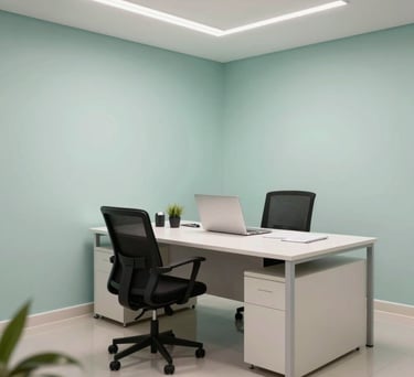 A professional and clean office interior in Teófilo Otoni, Brazil, with soft lighting and light mint wall accents. The furniture is modern and minimalist, creating a sense of trust and order.