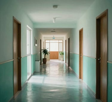 An interior hallway of a modern Brazilian health NGO, with polished floors reflecting soft light mint and teal colors. The space feels open and hopeful.