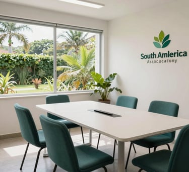 A bright and airy meeting room in a South American health association office. Large windows show greenery outside. The interior features greenish teal chairs and a clean white table.