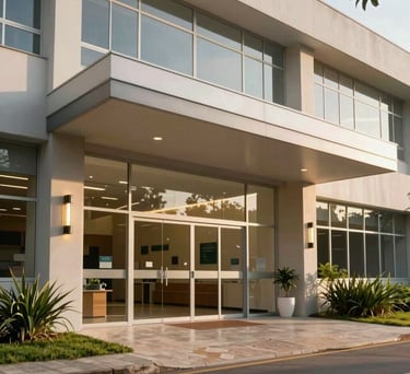 Modern architectural detail of a healthcare facility entrance in Minas Gerais, Brazil. The design uses biophilic elements and soft natural lighting to promote healing.