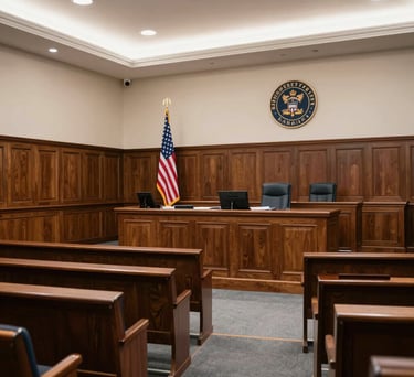 A professional wide-angle interior shot of a formal federal courtroom in the United States, featuring polished dark wood benches, the American flag, and the Department of Justice seal on the wall, bright and even lighting, North American / US.
