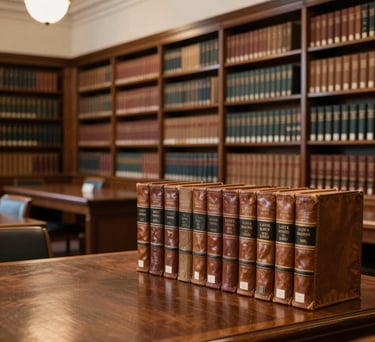 A bright, professional law library within a federal building in the US, featuring rows of leather-bound books and dark wood tables under soft, warm lighting.