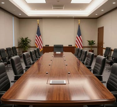 A large conference room in a federal office building in the US, with a long mahogany table and ergonomic chairs, prepared for a high-level briefing.
