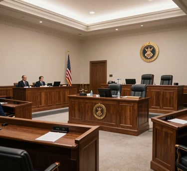 A wide-angle interior shot of a formal federal courtroom in the US, featuring a mahogany bench, seals of justice, and professional seating under architectural lighting.