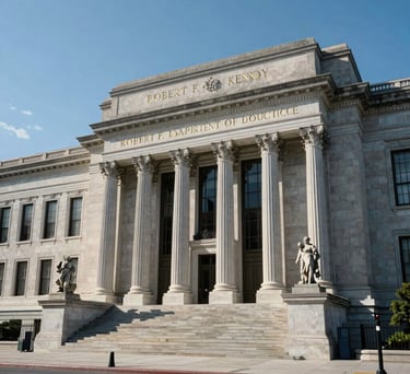External view of the Robert F. Kennedy Department of Justice building in Washington D.C., showing neoclassical architecture under a clear blue sky, North American / US.