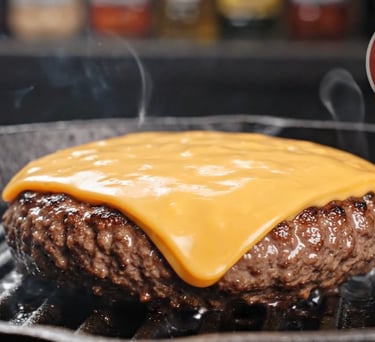 Jugosa hamburguesa a la plancha con queso cheddar fundido, cocinada en una plancha de hierro fundido