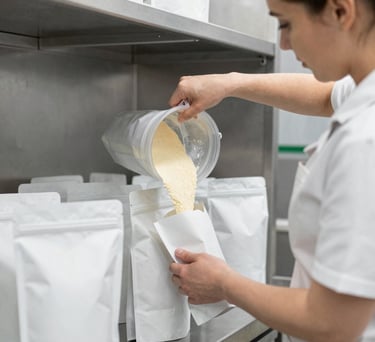 woman filling up pouches with pancake dry mix powder