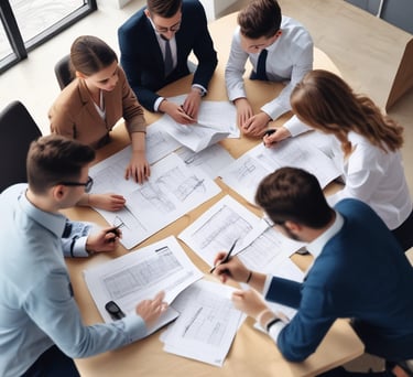 Team meeting discussing legal compliance strategies around a conference table.
