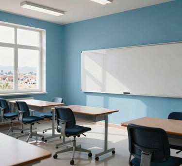 A wide shot of a modern, sun-drenched classroom with ergonomic furniture and a large digital whiteboard, sky blue walls, Middle Eastern landscape visible through the window.