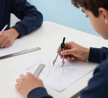A focused shot of a student's hands solving geometry problems with a compass and ruler on a clean white desk, professional lighting, soft sky blue and deep navy accents, Middle Eastern setting.