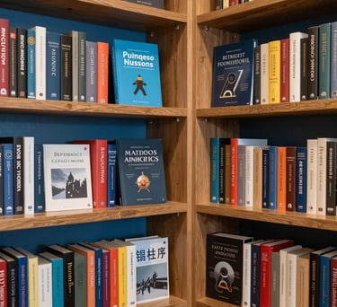 An inviting bookshelf filled with classic and modern math textbooks and professional journals in a library corner, slate blue and wood tones, Middle Eastern interior style.