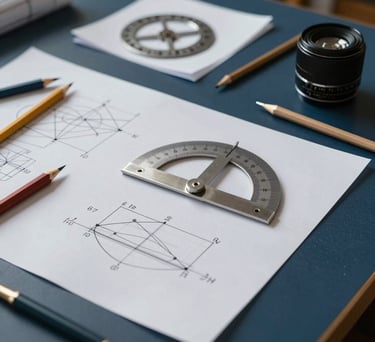 A creative workspace with a group of architectural and mathematical tools spread out on a table, including a protractor and sketches, deep navy and slate blue lighting.