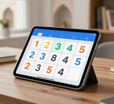 A close-up shot of a modern tablet displaying a colorful math application on a wooden desk, in a bright study area with Middle Eastern architectural details, steel blue and light gray color palette.