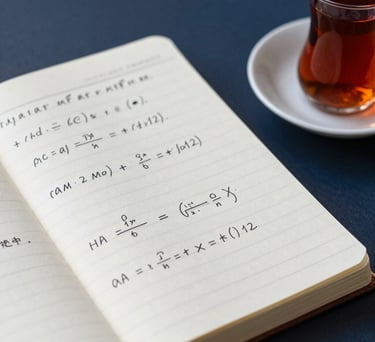 A close-up of a student's notebook with neat mathematical equations and sketches, with a cup of Turkish tea beside it on a desk, light gray and deep navy tones.
