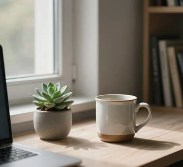 A tidy corner of a modern Anatolian study space, with a small succulent and a ceramic mug on a desk, soft natural light through a window, professional and calm.