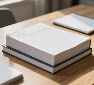 Close-up of organized study materials, high-quality textbooks and a minimalist notepad on a light wood desk in a sunlit Middle Eastern room, soft focus on background.