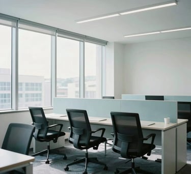 Interior shot of a minimalist corporate collaboration zone with ergonomic furniture, Global Business / Corporate, natural light through large windows, palette includes white and pale blue-white.