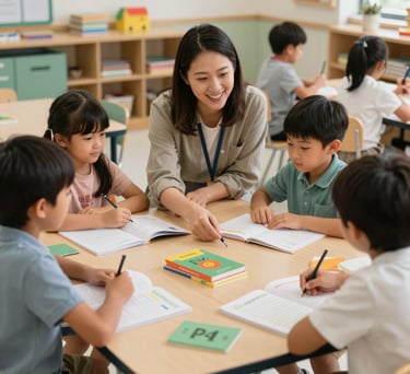 A warm, high-quality photograph of an elementary classroom setting in a North American / Global Multicultural school. An educator and young children gather around an activity table filled with colorful workbooks, warm beige and sage green educational materials, reflecting joy and active learning.