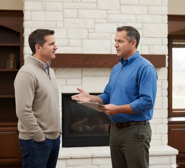 Friendly chimney inspector answering homeowner's questions w/ limestone fireplace in the background.