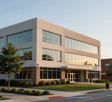 A professional building exterior in Anderson, Indiana, representing the corporate office presence with clean architecture and professional landscaping. Soft afternoon light. North American / US / Indiana.