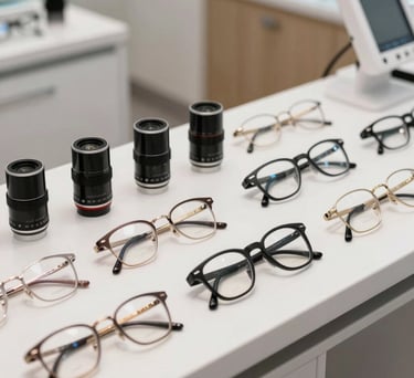 A high-quality photo of a variety of optical lenses and professional frames displayed on a sleek white counter in a high-end Indiana eye care practice.