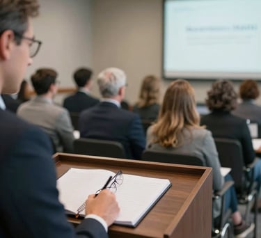 A professional seminar setting in an Indiana conference hall, showing blurred attendees and a clear podium with a notebook and eyeglasses, soft natural lighting.