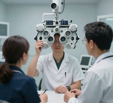 A collaborative scene of three opticians discussing a digital eye chart in a modern clinic in Indiana, professional attire, soft blue-gray tones in the background.