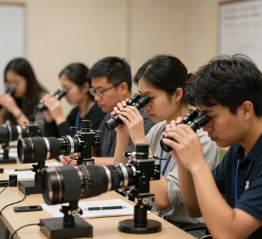 A group of professionals engaged in a workshop, looking at optical instruments on a table, warm indoor lighting in a North American educational center.