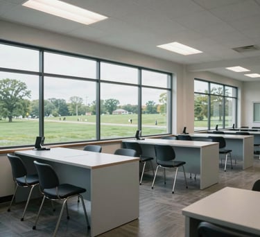 An interior shot of a modern, professional training center with large windows overlooking a green Indiana landscape, clean lines and light blue-gray furniture.
