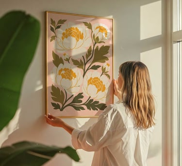 Vintage inspired floral wall art with soft pink peonies and botanical illustration