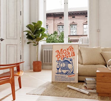 More Pasta Please kitchen wall art featuring retro frog illustration and pasta theme