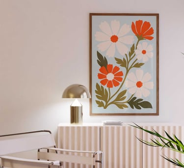 Mid century modern cosmos floral wall art featuring bold orange and white flowers