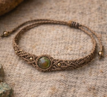 Pulsera marrón de macramé hecha a mano con una piedra verde pulida y pequeñas cuentas de latón.