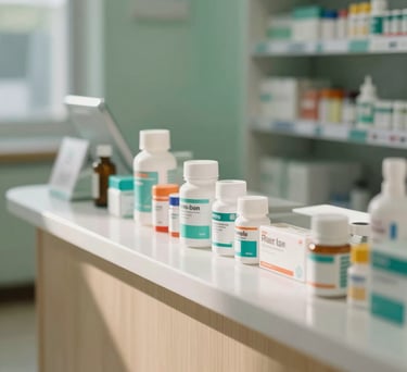 A close-up photograph of a clean, modern pharmacy counter in a Southeast Asian clinic, featuring neatly organized medical supplies and soft green accents, warm natural lighting.