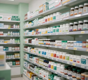 Photography of a well-lit, modern Southeast Asian pharmacy interior with shelves stocked with vitamins and health products, soft green and white color palette.