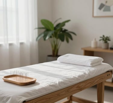 Photography of a modern acupuncture room, featuring a wooden table with clean linens and a small tray of needles, a potted plant in the corner, natural light through soft curtains, Indonesian medical facility style.