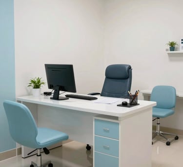 Interior photography of a bright and welcoming medical consultation room in Indonesia, with a professional desk and comfortable seating, clean aesthetic with soft blue details.