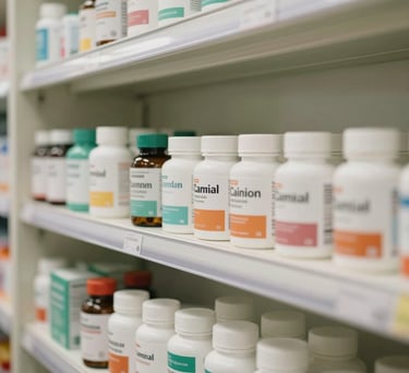 A close-up photograph of a clean, modern pharmacy shelf in a Southeast Asian clinic, featuring neatly organized vitamin bottles and health supplies, soft warm lighting, soft green and off-white accents.
