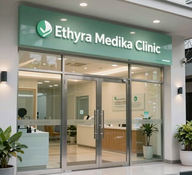 Photography of the modern entrance of Ethyra Medika clinic in Indonesia, featuring clean glass doors, soft green signage, and a welcoming atmosphere.