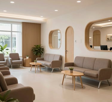 A wide shot of a modern, clean waiting area in an Indonesian family clinic, featuring comfortable chairs and biophilic design elements with soft natural light.