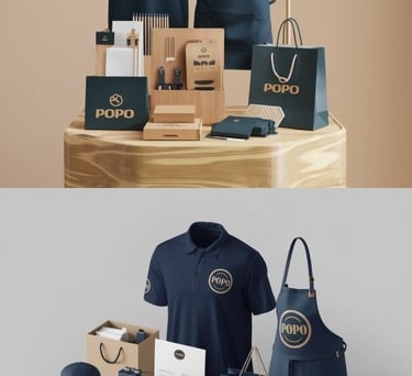Mercancía de impresion digital que incluye polos , delantales , bolsas y tazas con logotipo