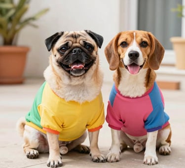 Dos perros con camisetas coloridas posan juntos mirando a la cámara.