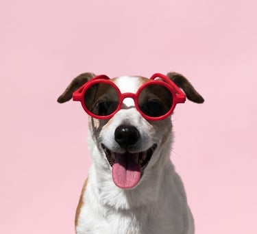PERRO CON LENTES ROJOS