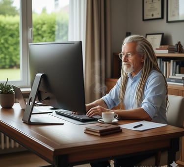 Portrait d'Erik Lambrecht, expert en vitalité, travaillant sur un ordinateur dans son bureau ensolei